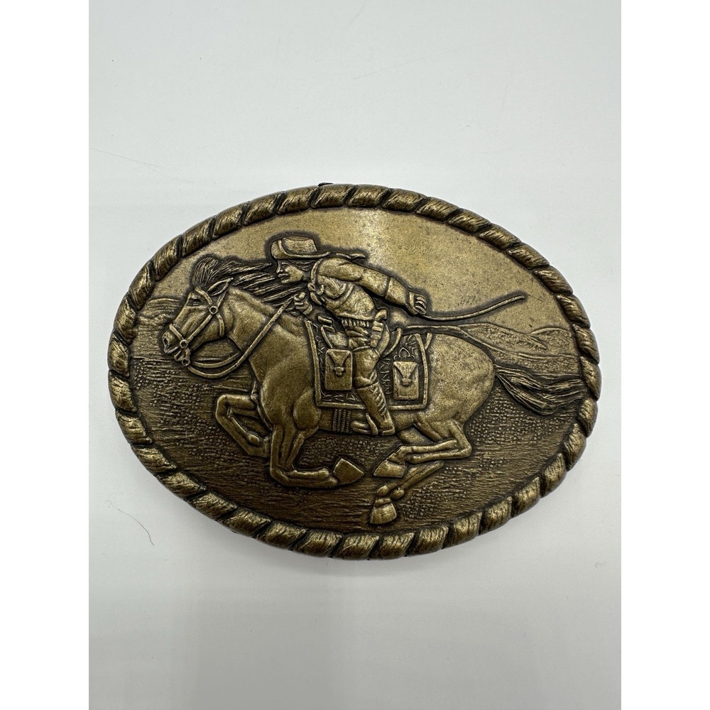 Vintage 1981 Mervyns Pony Express Rider Belt Buckle Western Cowboy Brass